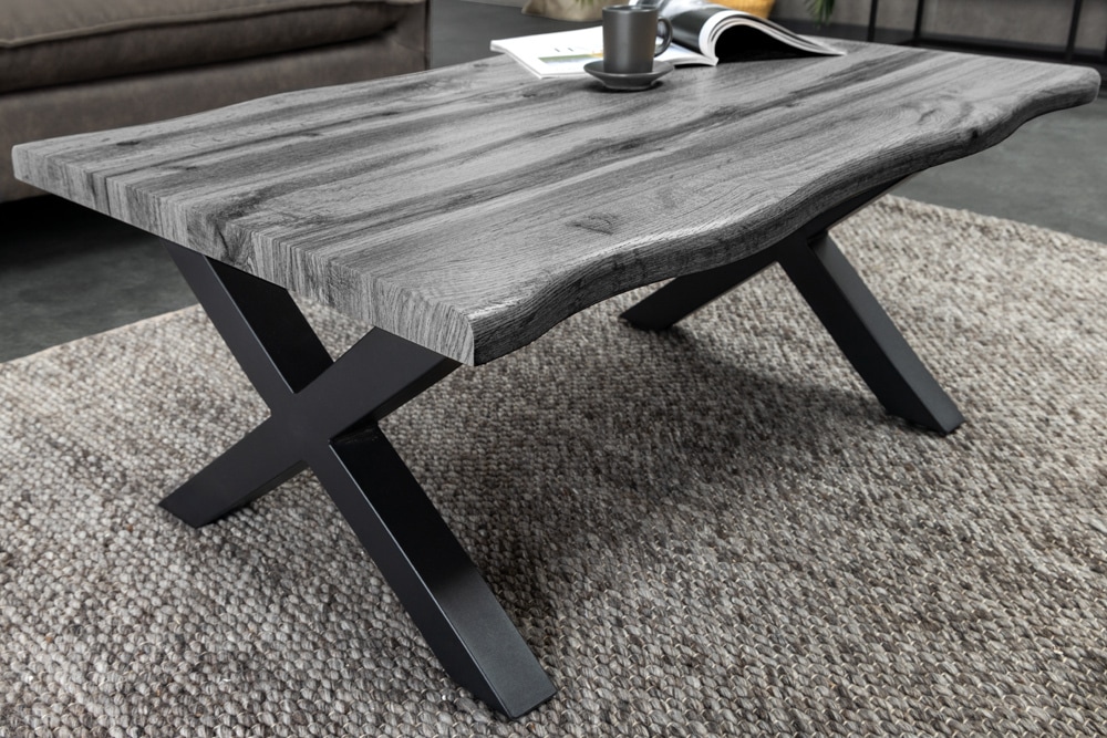 Industrial Couchtisch WILD 90cm grau Wildeichen-Design schwarz Metall Baumkante