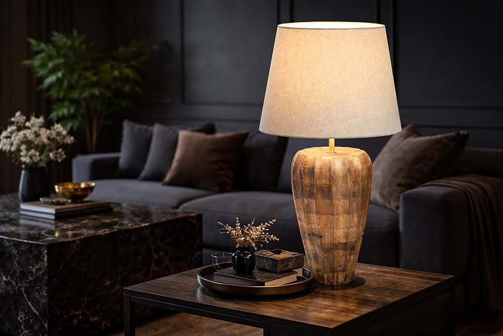 Handgefertigte Tischlampe PURE NATURE 65cm weiß natur Mangoholz mit Stoffschirm