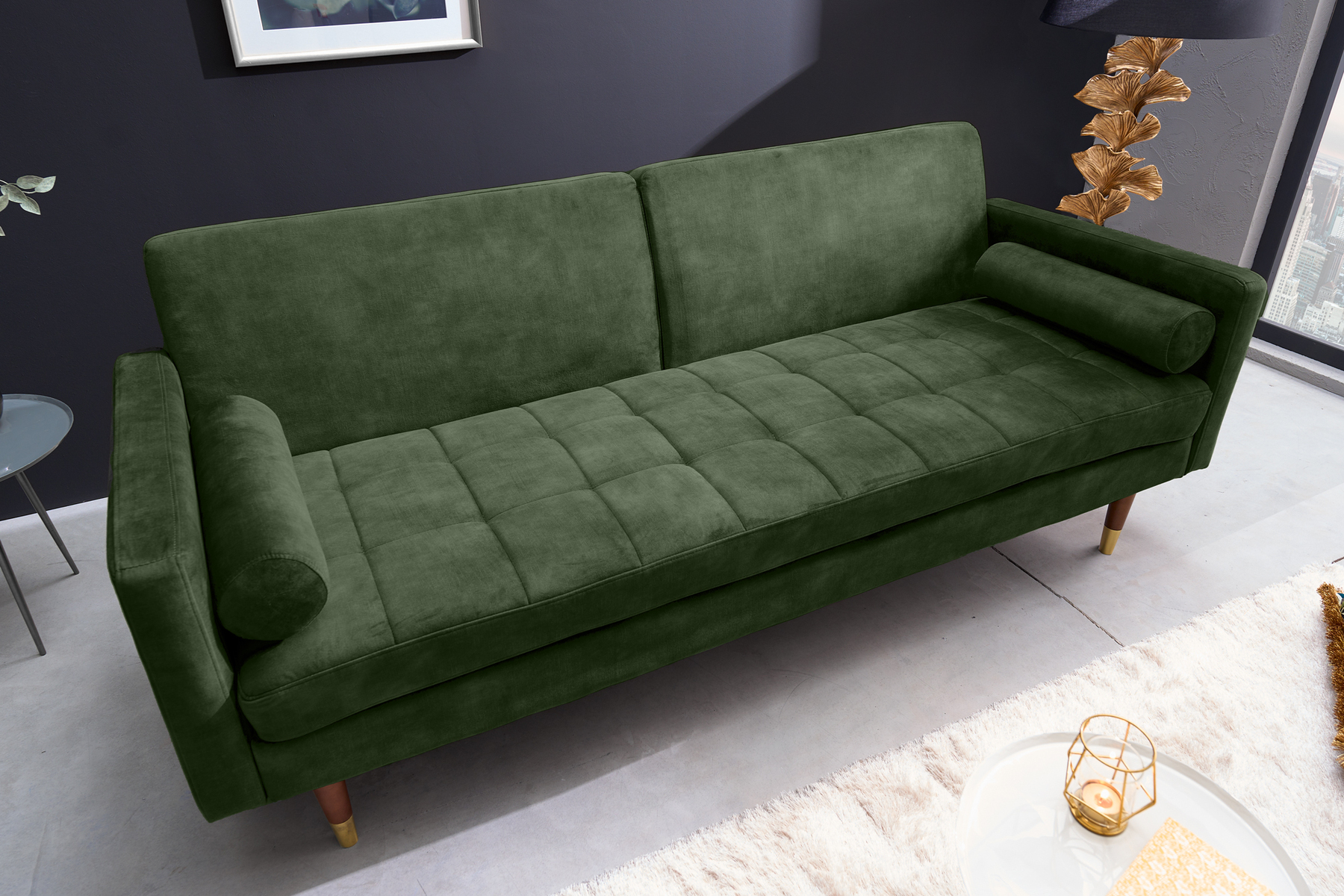 Modernes Schlafsofa COUTURE 200cm grün Microvelours 3-Sitzer Couch mit Schlaffunktion