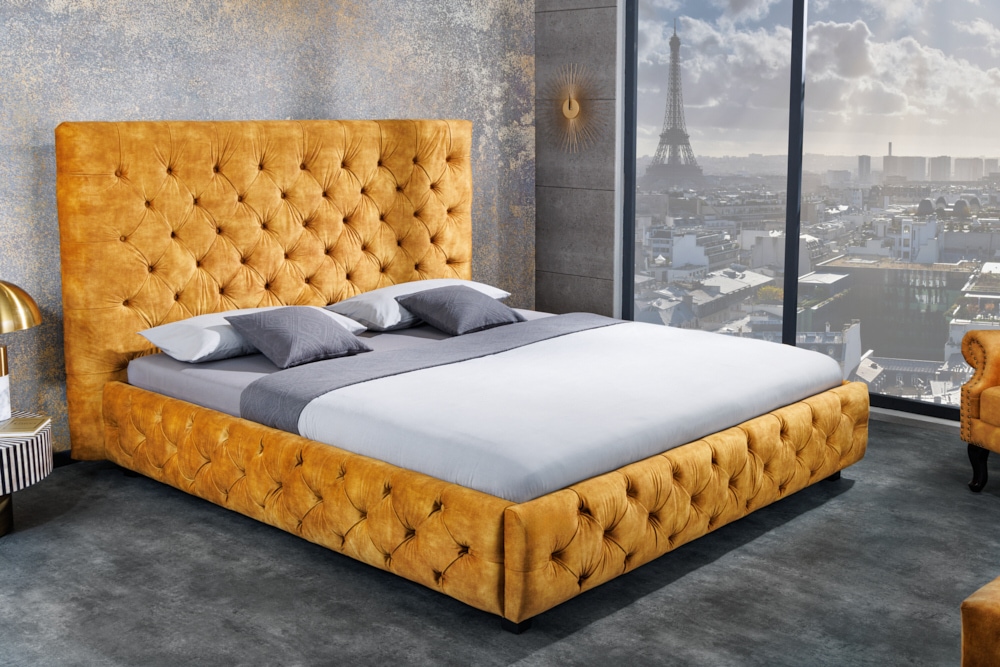 Queensize Doppelbett PARIS 160x200cm senfgelb Samt Chesterfield Design