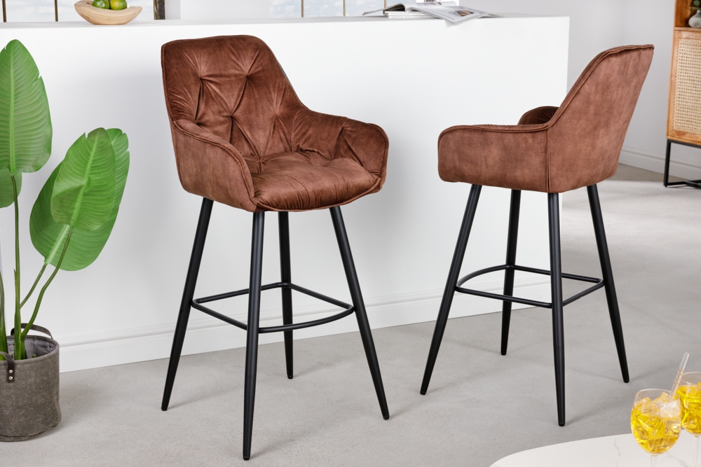Design Barhocker MILANO rost braun Samt Barstuhl mit Lehne Metall schwarz Chesterfield-Steppung