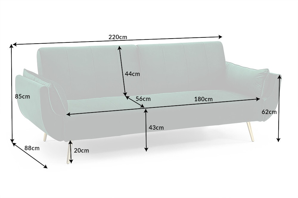 Retro Schlafsofa DIVANI 220cm smaragdgrün Samt goldene Metallfüße 3-Sitzer mit Bettfunktion