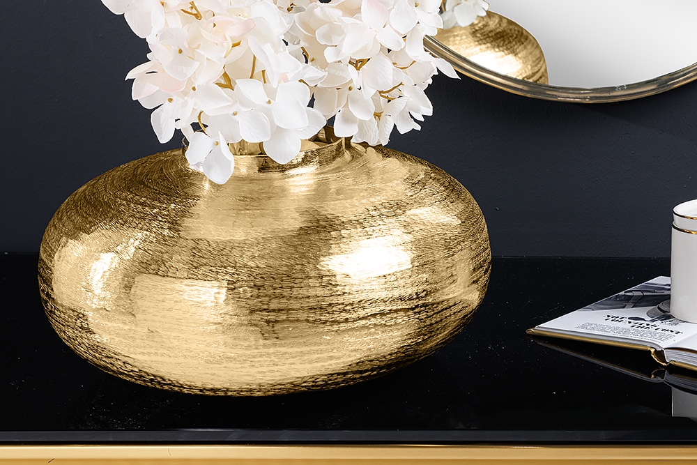 Moderne Deko Vase ABSTRACT ORIENT 35cm gold rund Metall Hammerschlag-Design