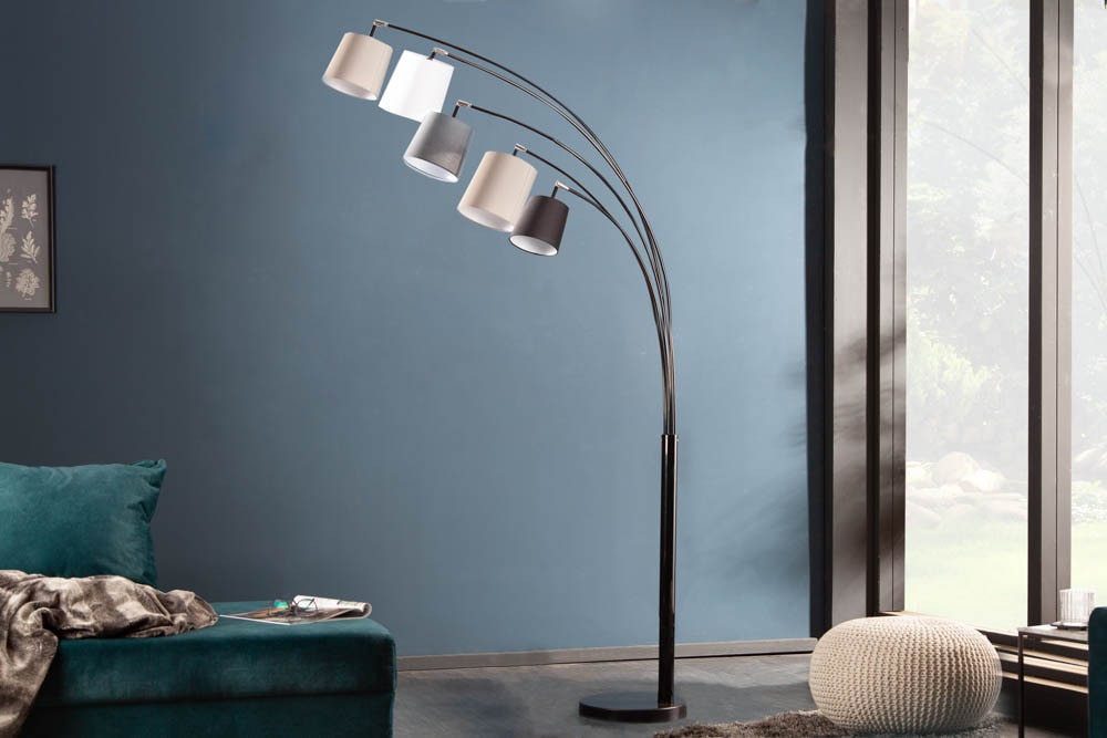 Design Bogenlampe LEVELS 205cm schwarz grau 5 Leinenschirme Stehlampe