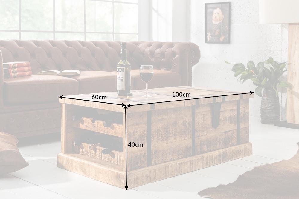 Massivholz Couchtisch BODEGA 100cm Mangoholz Hausbar Truhe mit Stauraum
