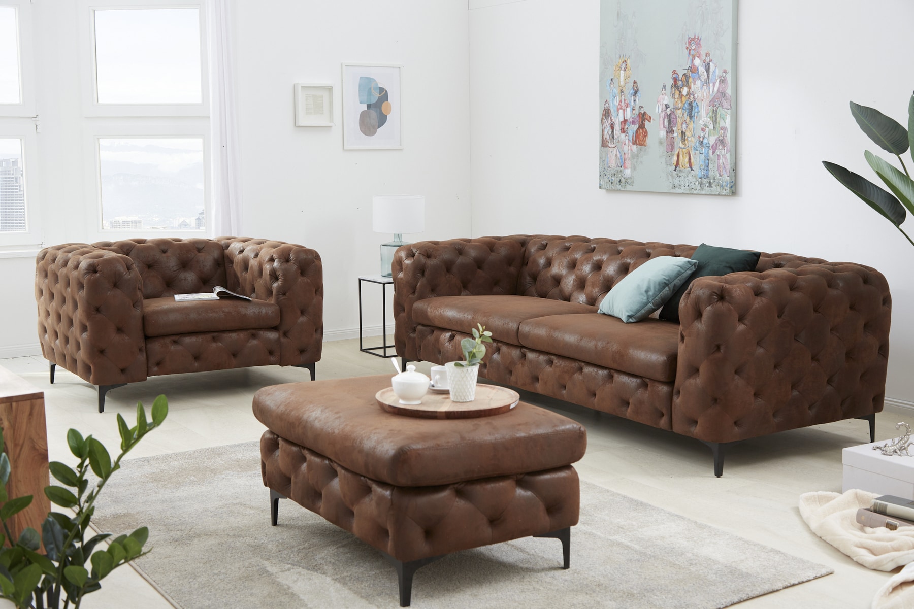 Chesterfield 3-Sitzer Sofa MODERN BAROCK 235cm antik braun Federkern Microfaser