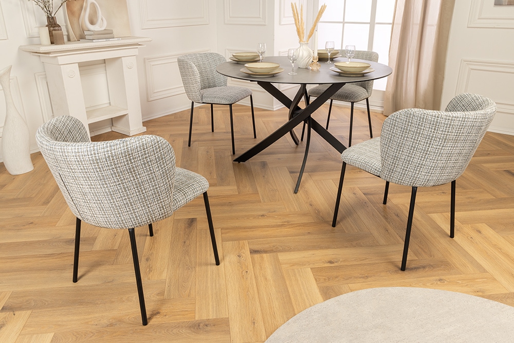 Design Stuhl LYON blau kariert Bouclé schwarze Metallbeine