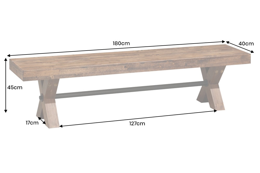 Industrial Bank GOLIATH 180cm natur Pinienholz X-Gestell schwarz Metall