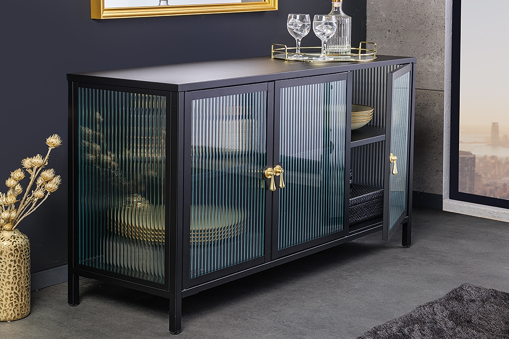 Modernes Sideboard AMSTERDAM 105cm schwarz gold Riffelglas Metall Vitrine Schrank