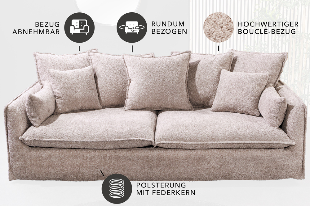Großes 3-Sitzer Sofa HEAVEN 200cm champagner beige Bouclé Federkern Hussensofa