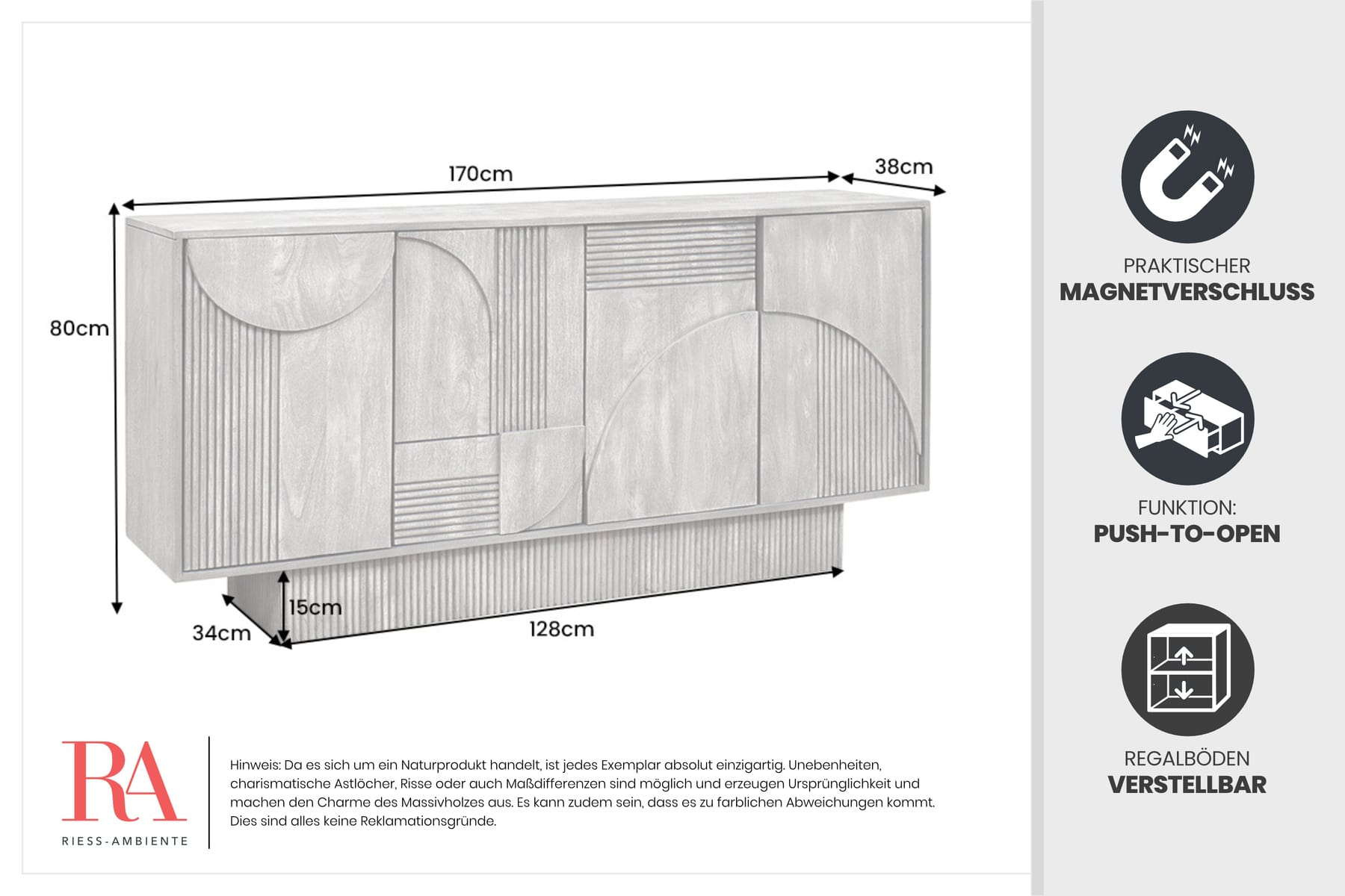 Design Sideboard ART DECO 170cm grau smoked Mangoholz massiv 3D-Front