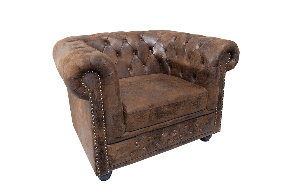 Chesterfield Sessel 110cm antik braun mit Knopfheftung und Federkern