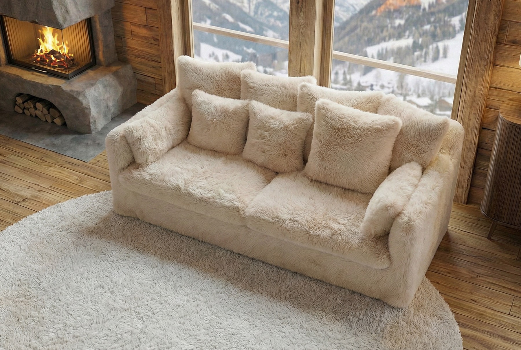 Großes 3-Sitzer Sofa YETI 200cm beige sand langfloriger Plüsch Shaggy-Stoff