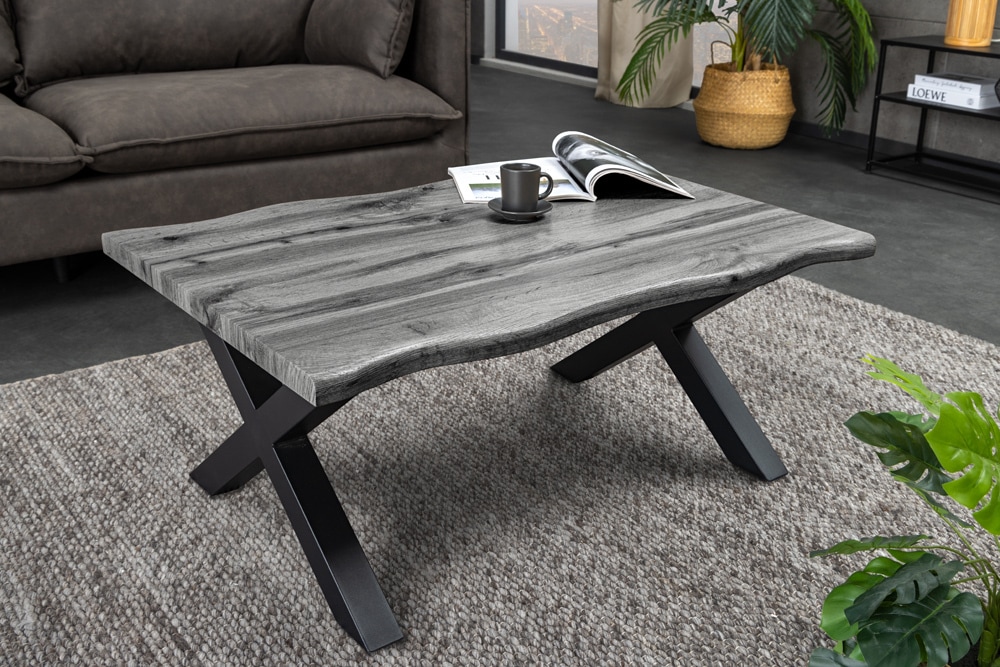 Industrial Couchtisch WILD 90cm grau Wildeichen-Design schwarz Metall Baumkante