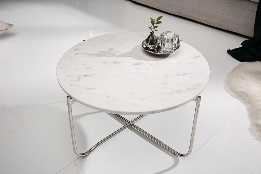Runder Couchtisch NOBLE 65cm weiß Marmor abnehmbare Tischplatte klappbar silber Metall