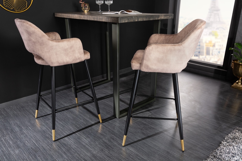 Design Barhocker PARIS greige Samt mit Lehne Metall schwarz gold Ziersteppung