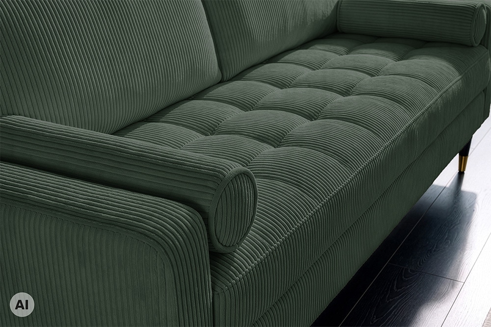 3er Sofa COZY VELVET 220cm grün Cord schwarze Füße mit goldener Kappe