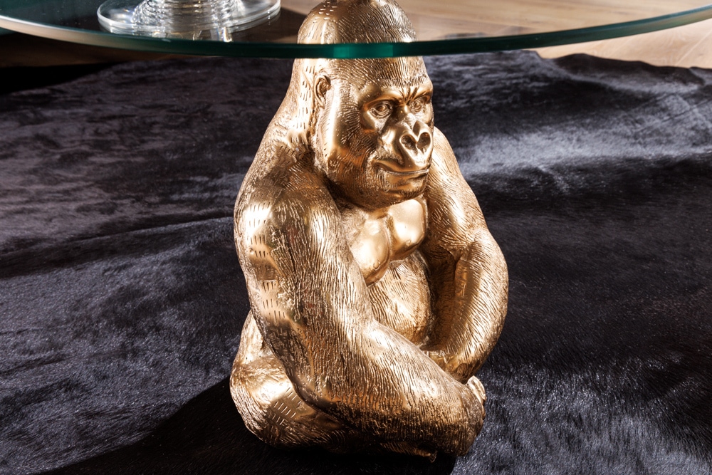 Runder Couchtisch WILDLIFE KONG 60cm gold Metall Glas Affenfigur Gorilla Skulptur handmade