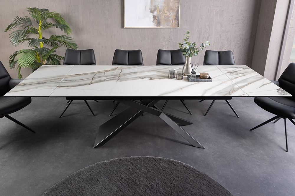 Ausziehbarer Esstisch EUPHORIA 180-220-260cm weiß Carrara Oro Keramik schwarz Metall