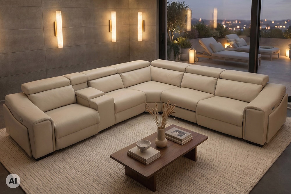 Multifunktionales Ecksofa PRIME 300cm beige Kunstleder Relaxfunktion Getränkehalter