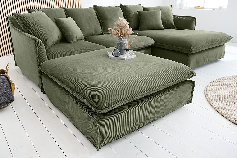 Großer Sitzhocker HEAVEN 100cm grün Cord Sofahocker abnehmbarer Bezug