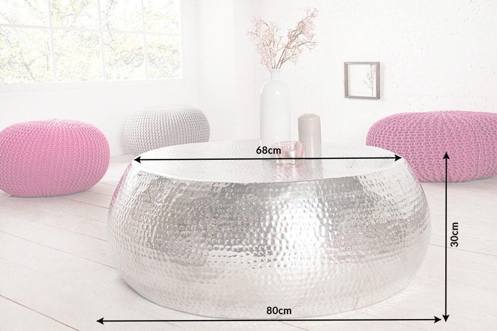 Runder Couchtisch ORIENT 80cm silber Metall Aluminium Hammerschlag Design handmade