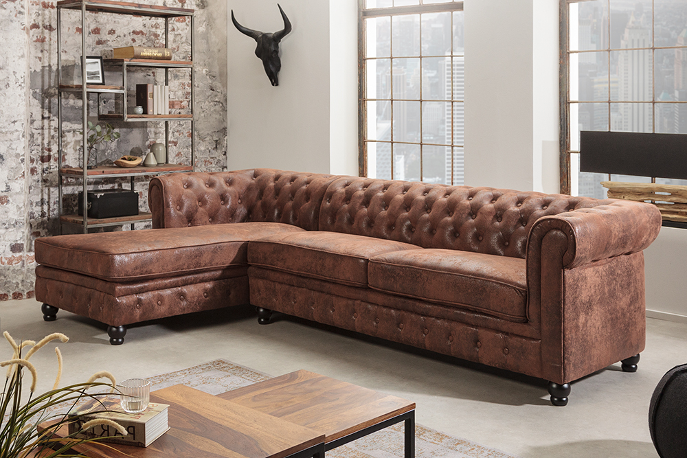 Design Ecksofa CHESTERFIELD 270cm antik braun Microfaser Federkern Ottomane links Vintage