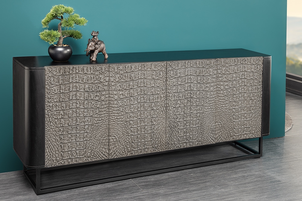 Handgefertigtes Sideboard CROCO 180cm grau schwarz Mangoholz mit 3D Schnitzereien massiv Metall
