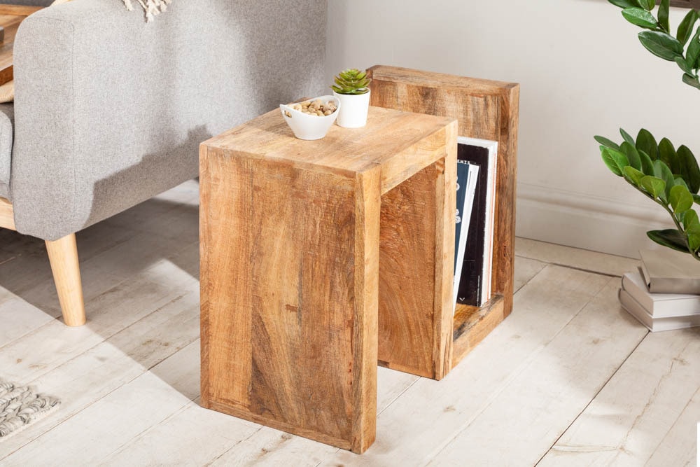 Handgearbeiteter Beistelltisch S 60cm Mango Massivholz mit Ablage variabel stellbar