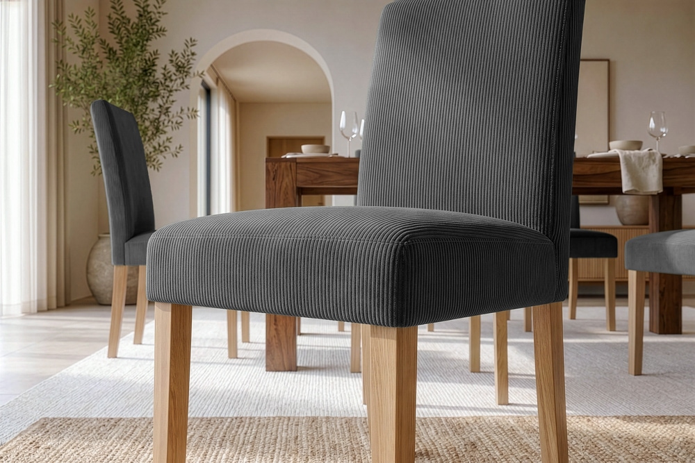 Design Stuhl GENUA grau Cord mit Massivholz-Beinen