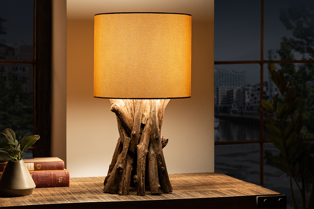Massivholz Tischlampe HARMONY NATURE 50cm beige Teak mit Leinenschirm