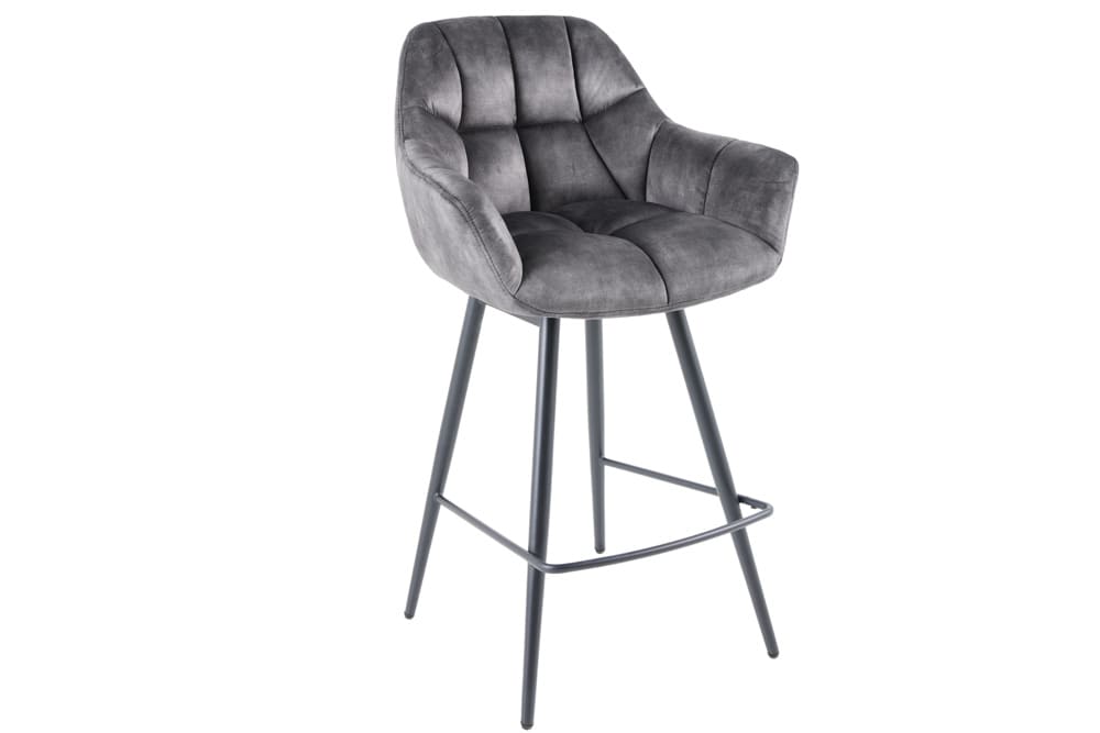 Drehbarer Barhocker PAPILLON grau Samt Barstuhl mit Lehne schwarze Metallbeine
