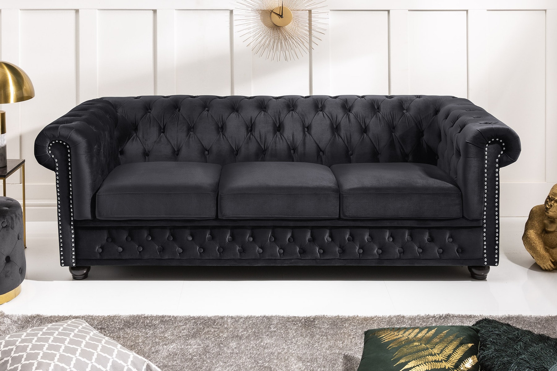 Barock Sofa CHESTERFIELD 205cm schwarz Samt Federkern Knopfheftung 3-Sitzer Couch