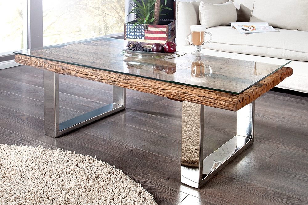 Eindrucksvoller Couchtisch BARRACUDA 110cm antik Teakholz mit Kufengestell und Glas