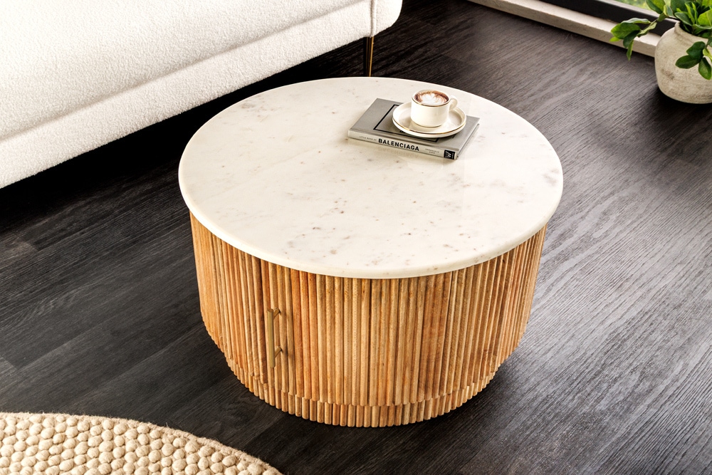 Runder Couchtisch TRES CHIC 60cm weiß Marmor natur Mangoholz mit Stauraum
