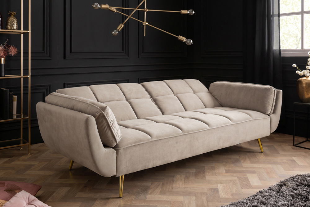 Retro Schlafsofa BOUTIQUE 215cm champagner beige Samt 3-Sitzer mit goldenen Füßen