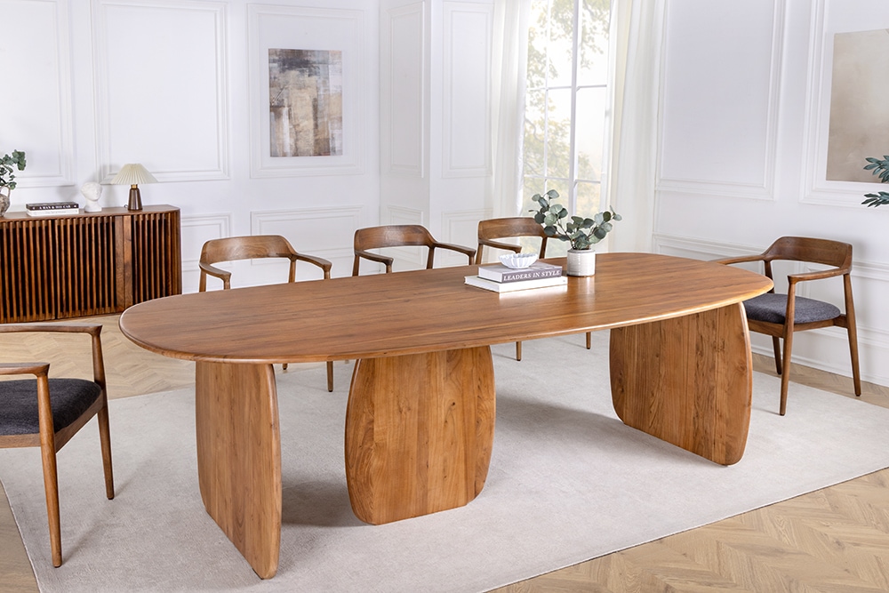 Design Esstisch SCULPTURA 240cm braun Akazie Massivholz mit skulpturalem Wangenfuß