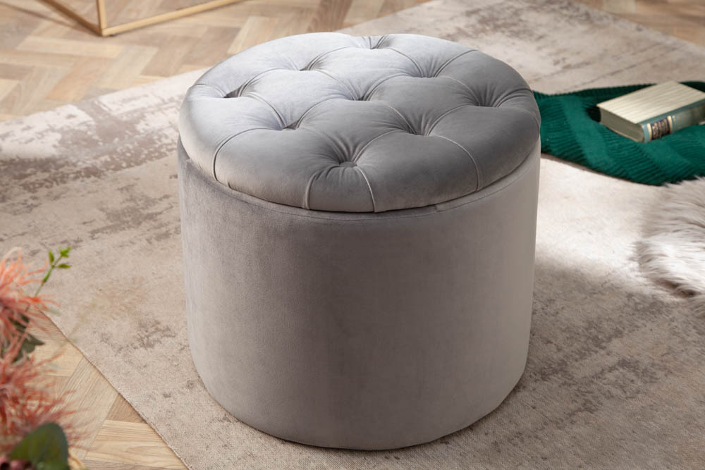 Eleganter Hocker MODERN BAROCK 50cm silbergrau Samt Aufbewahrungkorb