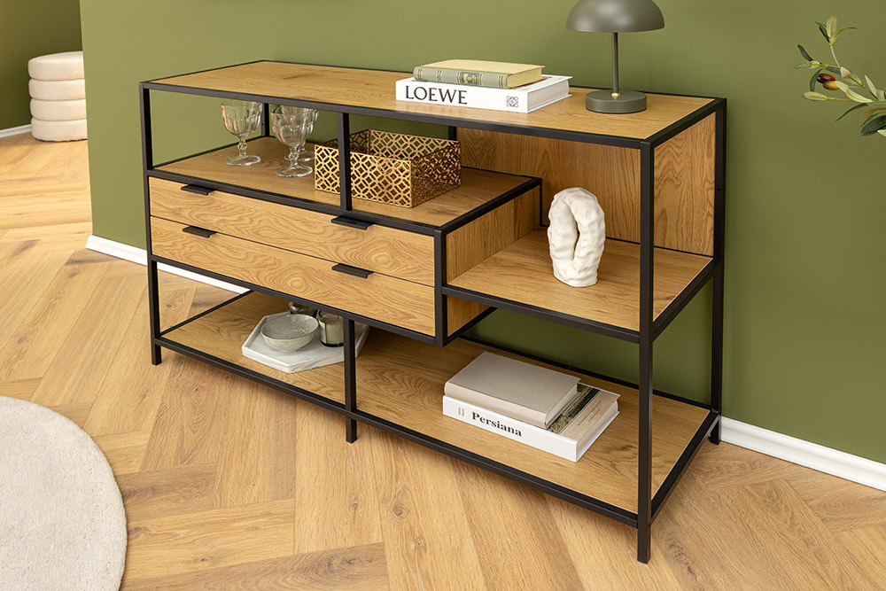 Industrial Bücherregal SLIM LINE 115cm Wildeiche schwarz Metall mit Schubladen