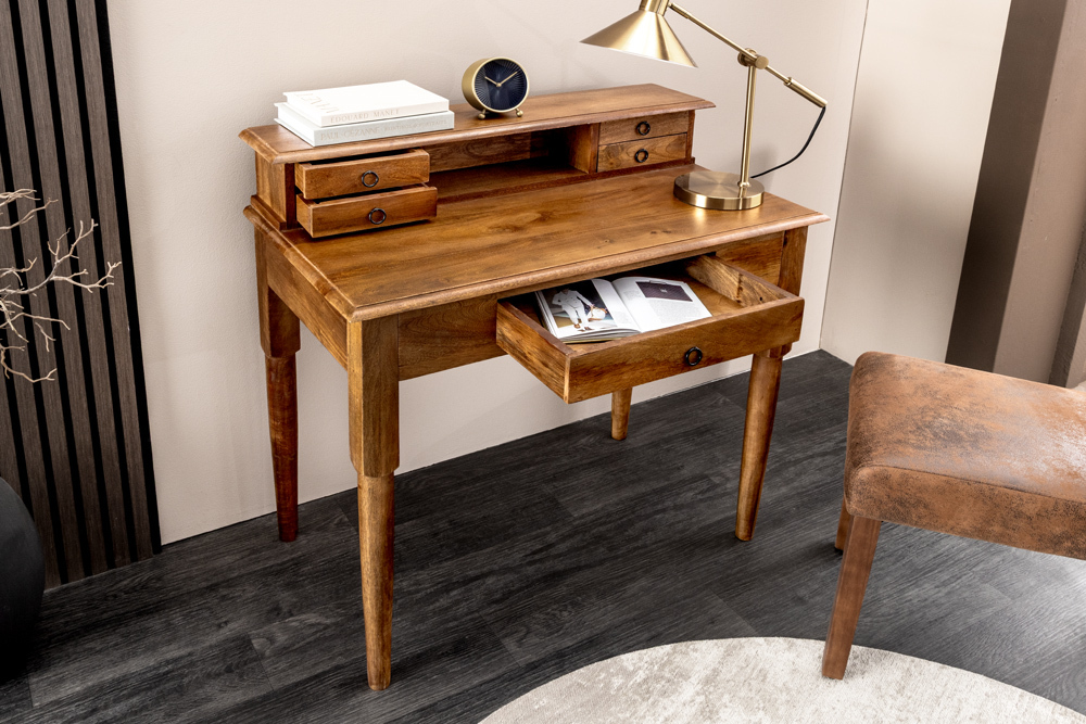 Design Sekretär HEMINGWAY M 90cm braun massiv Mangoholz honey finish Schreibtisch