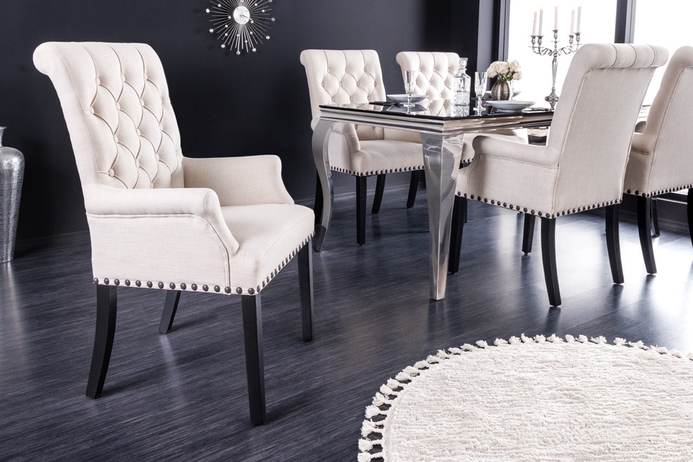 Design Stuhl CASTLE beige schwarz Strukturstoff Armlehnen Holzfüße