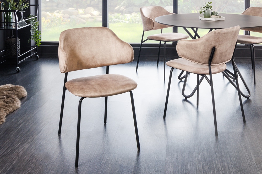 Design Stuhl VOGUE champagner greige Samt schwarze Metallbeine