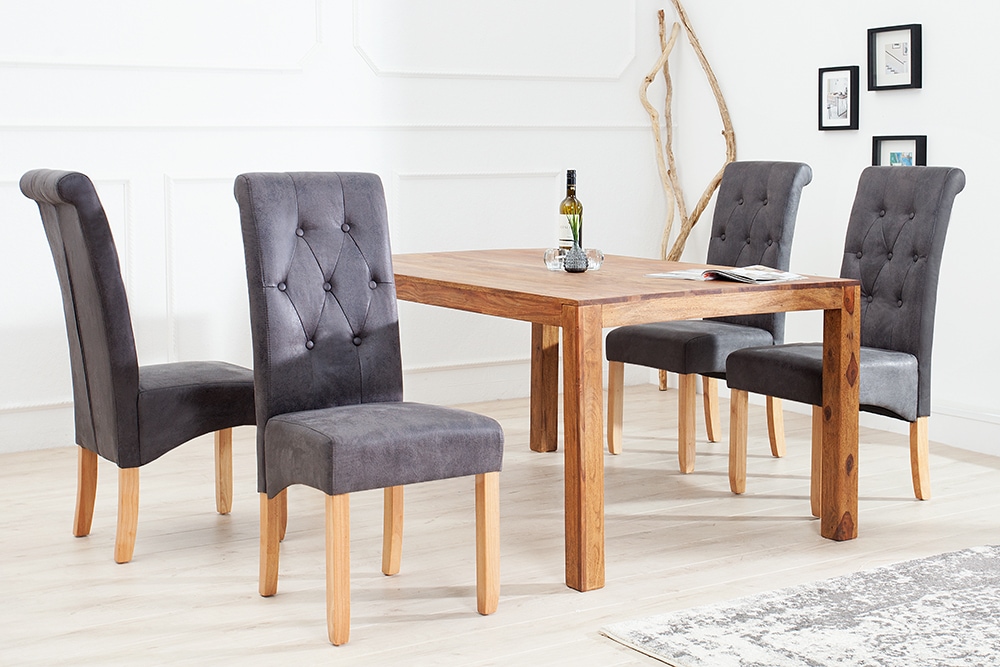 Edler Stuhl CASA vintage grau mit Zierknöpfen Massivholzbeine