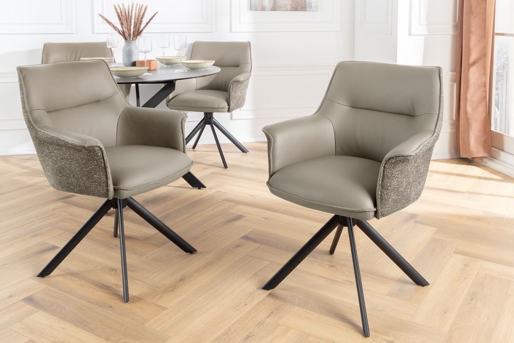 Drehbarer Stuhl LE GRAND taupe Echtleder Strukturstoff schwarzes Metallgestell