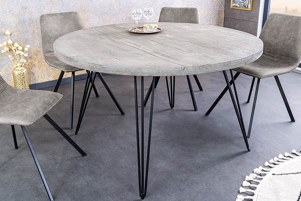 Runder Esstisch SCORPION 80cm grau Mangoholz massiv schwarze Metallbeine Hairpin Legs