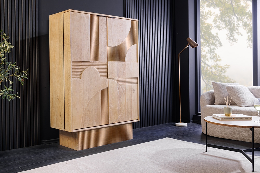 Design Barschrank ART DECO 140cm weiß gekälkt Mangoholz 3D-Front