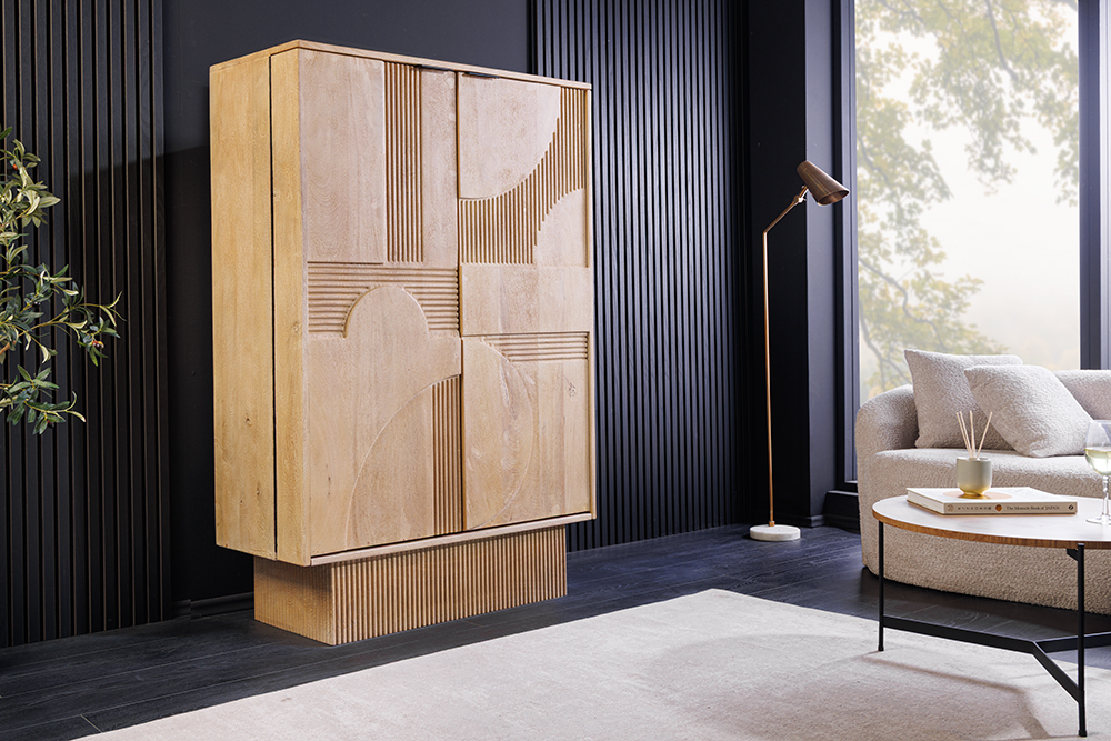 Design Barschrank ART DECO 140cm weiß gekälkt Mangoholz 3D-Front Design Barschrank ART DECO 140cm weiß gekälkt Mangoholz 3D-Front