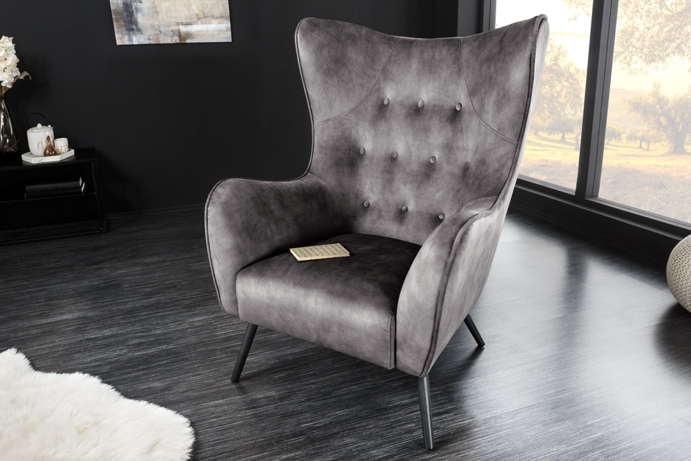 Design XL Sessel AMSTERDAM grau Samt schwarze Metallbeine Retro Stil