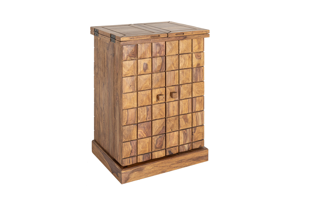 Handgearbeiteter Barschrank MOSAICO 130cm braun Sheeshamholz stone finish 3D Effekt