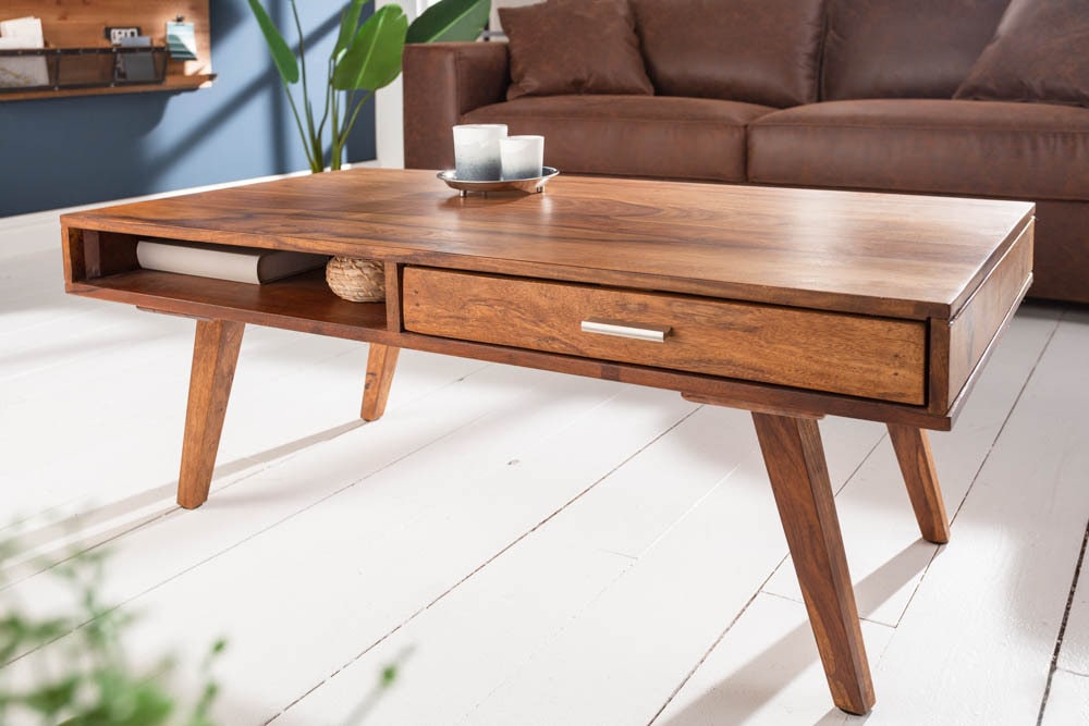 Massivholz Couchtisch RETRO 100cm braun Sheesham stone finish Schubladen handmade